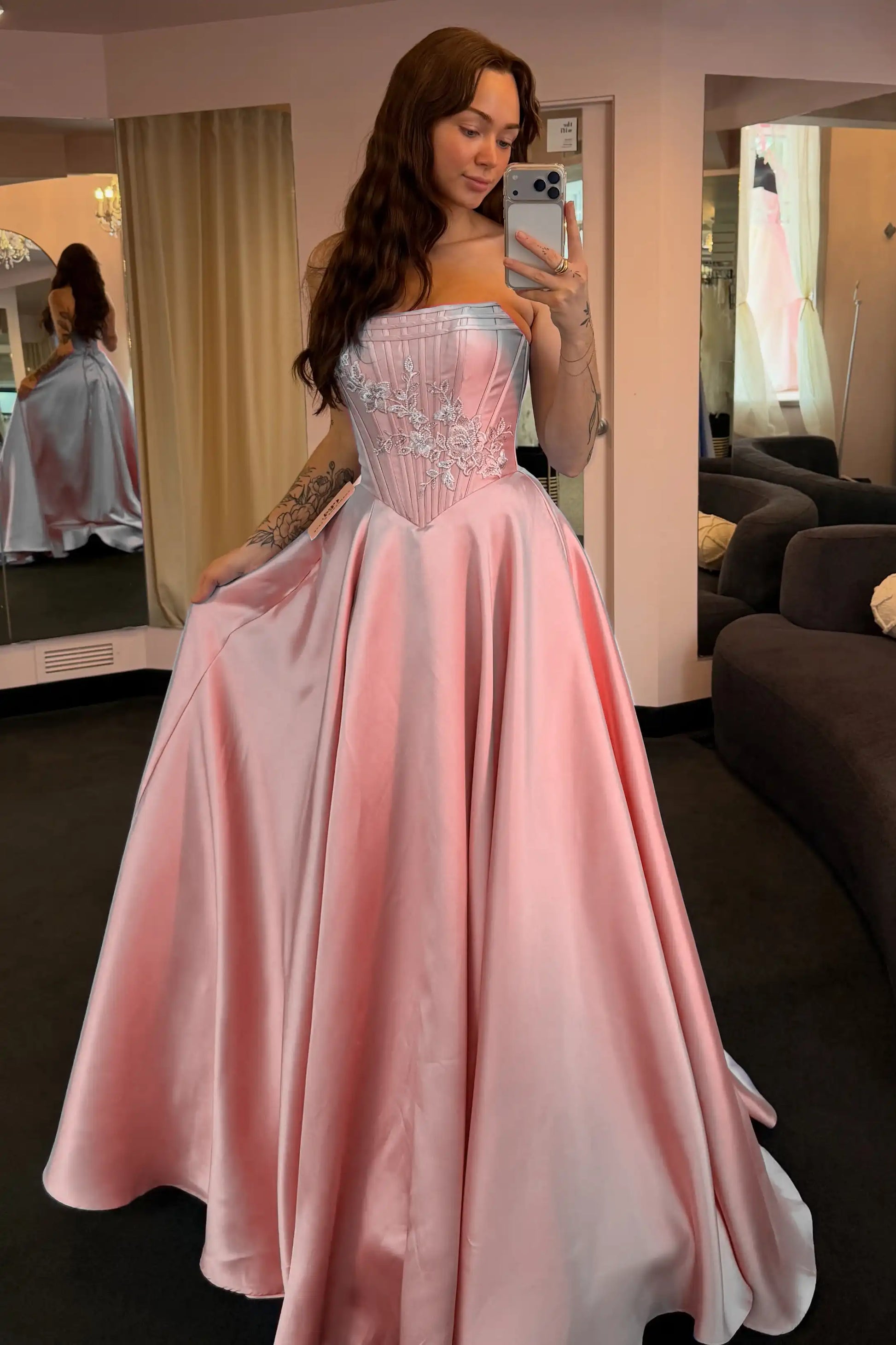 Strapless Floral Applique Corset A-Line Satin Prom Dress