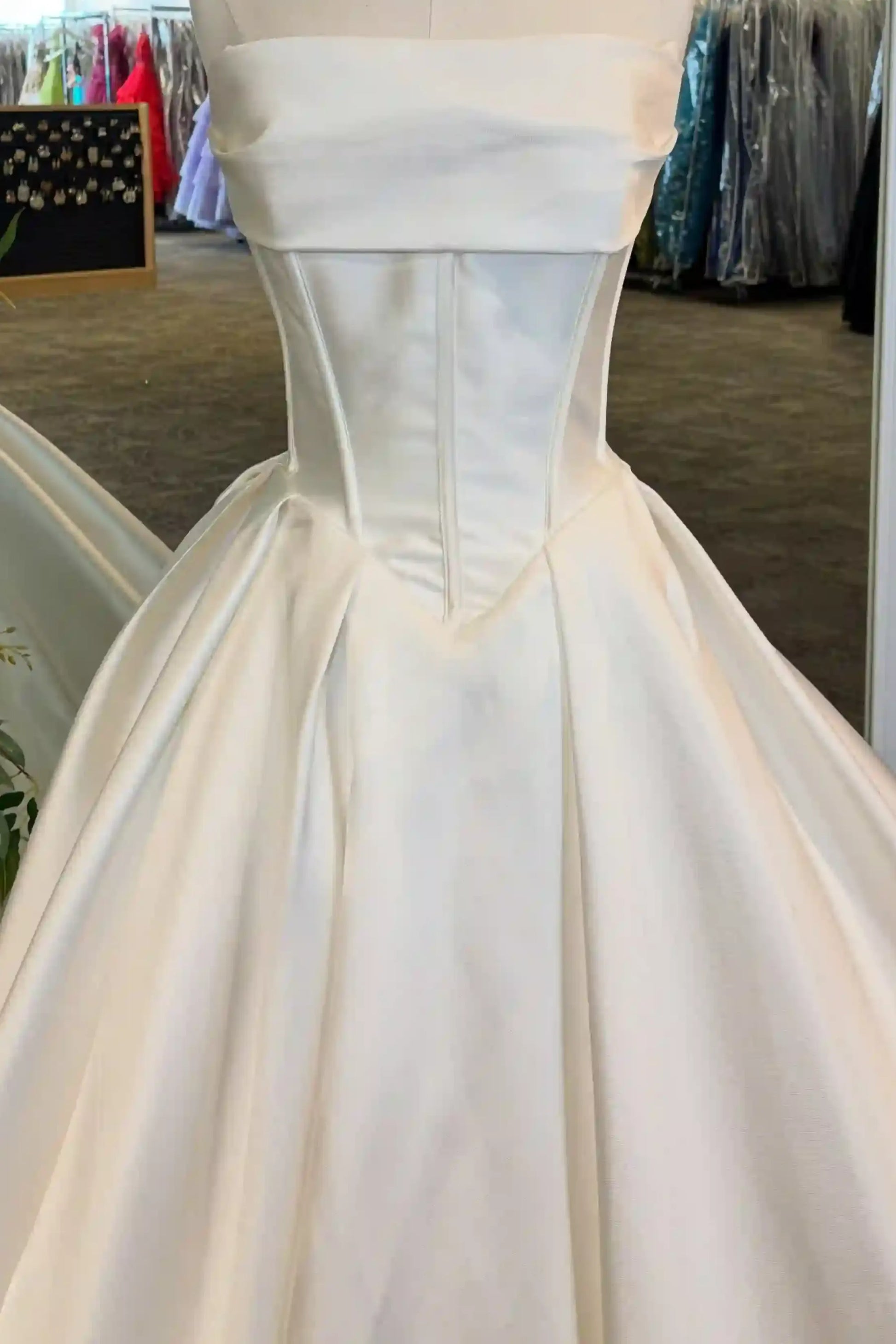 Strapless Fold Over Neck Corset Satin Ballgown Wedding Dress