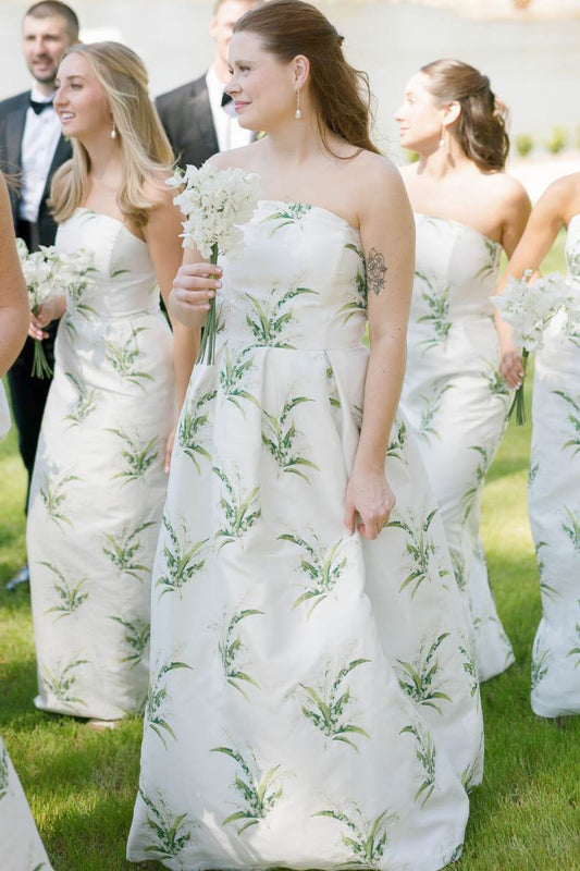 Strapless Ivory Satin Floral Print Bridesmaid Dress