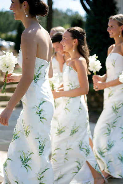 Strapless Ivory Satin Floral Print Bridesmaid Dress