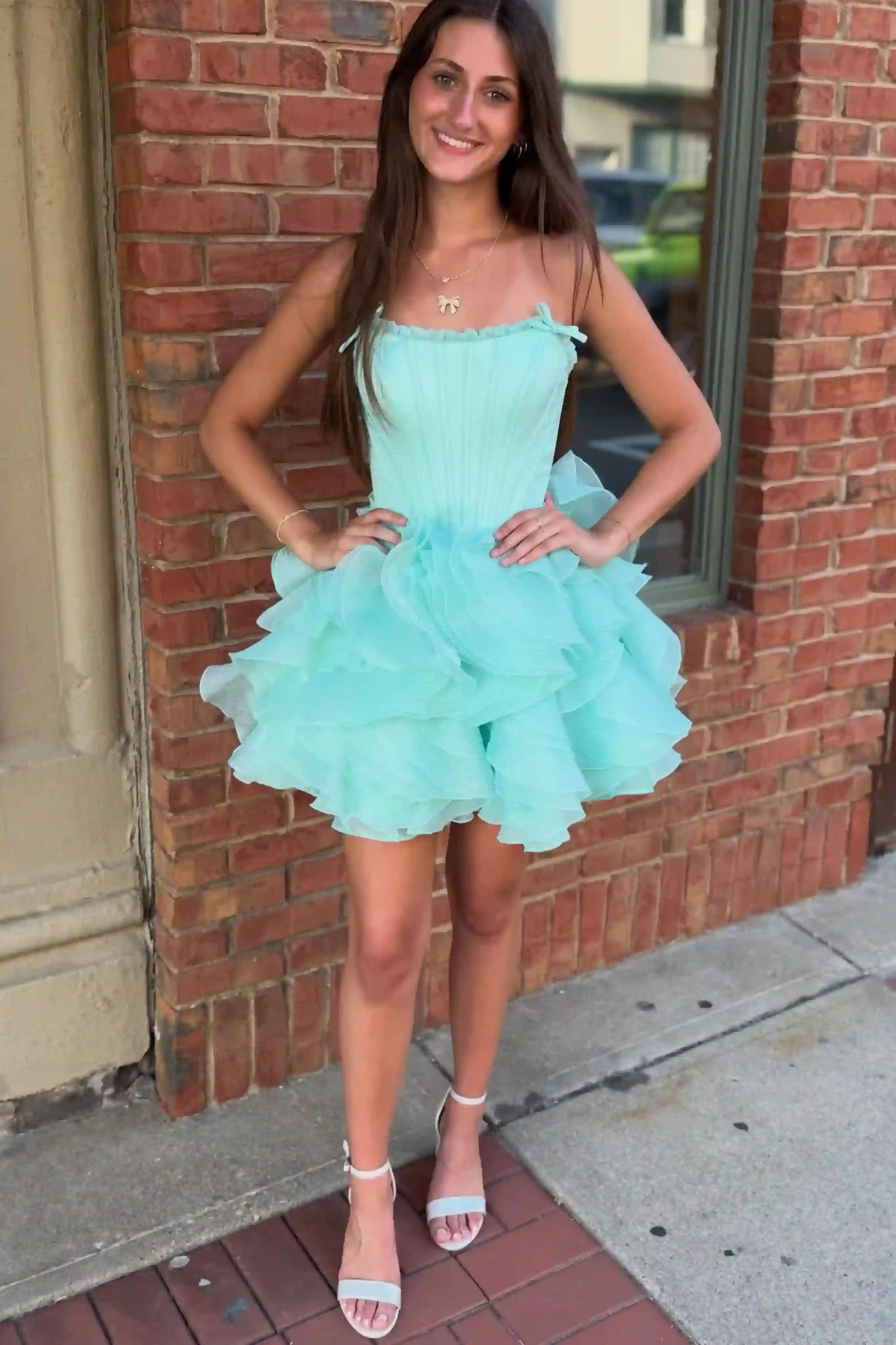 Strapless Lace-up Corset Ruffle Homecoming Dress with Rhinestone