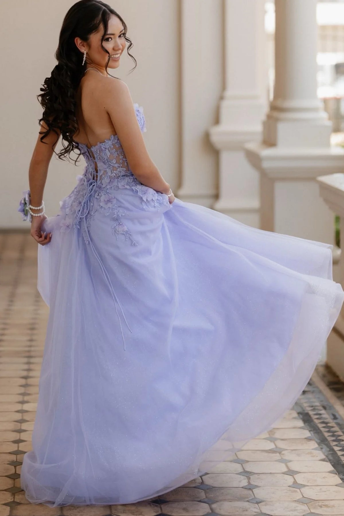Strapless Lavender 3D Floral Appliques Tulle Slit Prom Dress