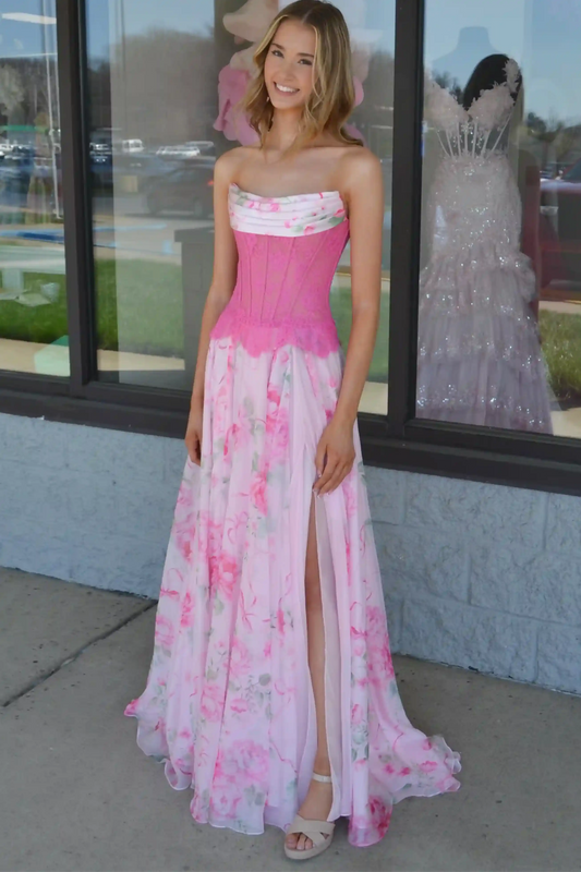 Strapless pink floral two-tone formal gown