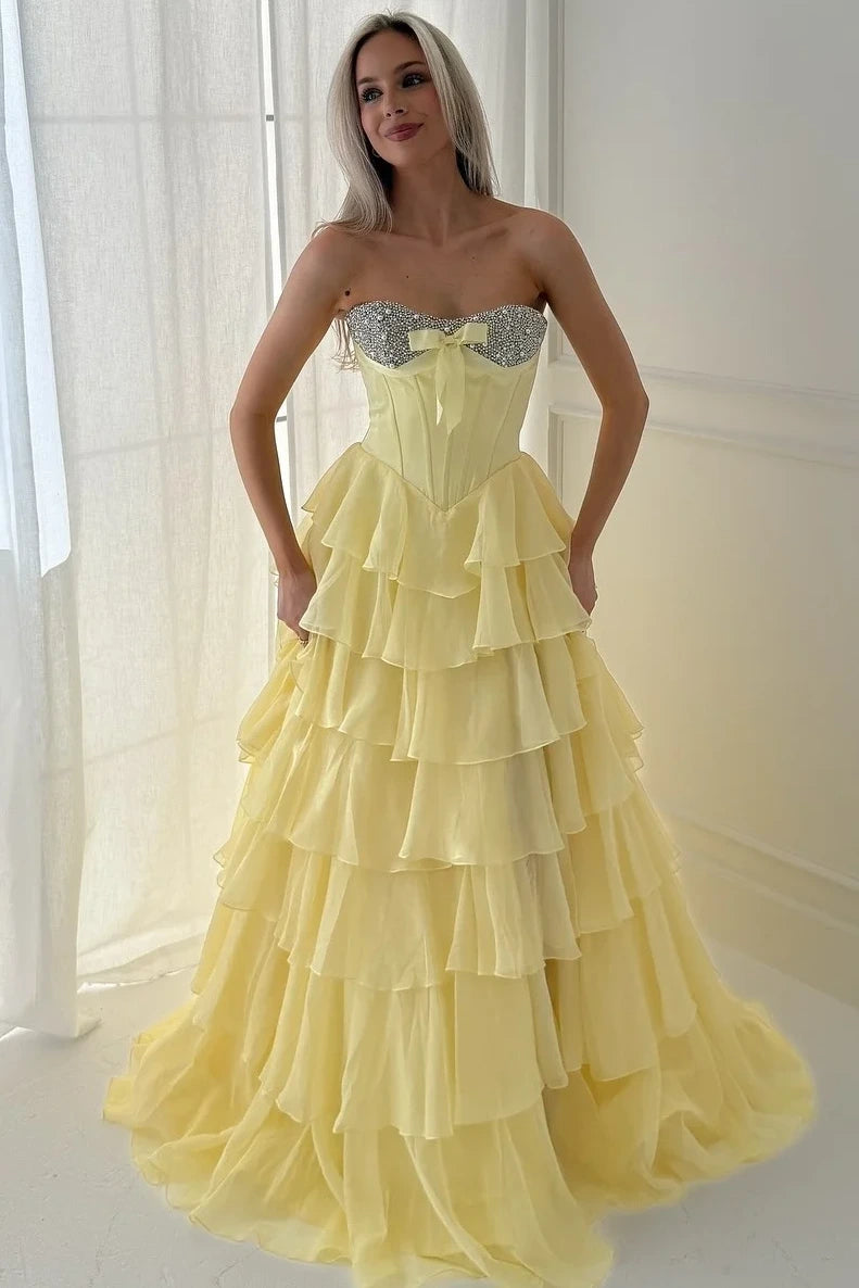 Strapless Sparkly Bow Corset Tiered Ruffle Prom Dress with Slit
