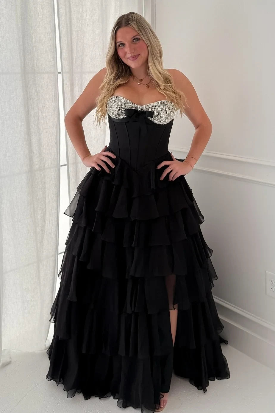 Strapless Sparkly Bow Corset Tiered Ruffle Prom Dress with Slit