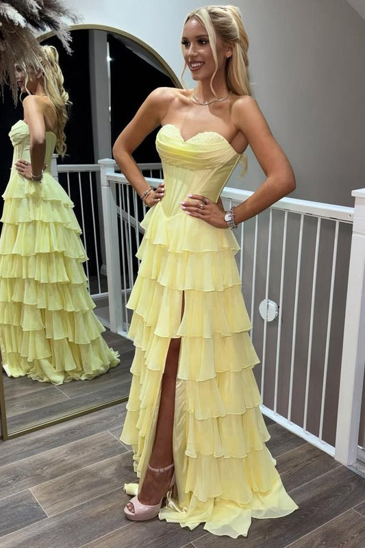 Strapless tiered chiffon slit yellow prom dress