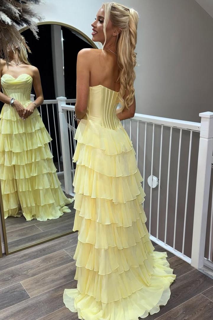 Strapless Tiered Chiffon Slit Yellow Prom Dress
