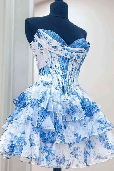 Sweetheart A-line blue floral print homecoming dress