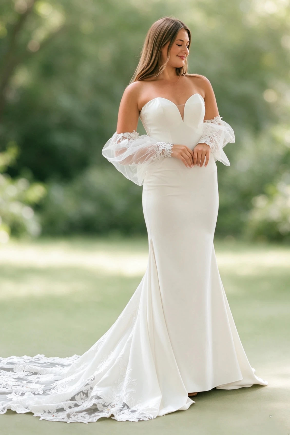 Sweetheart mermaid satin wedding dress with lace train