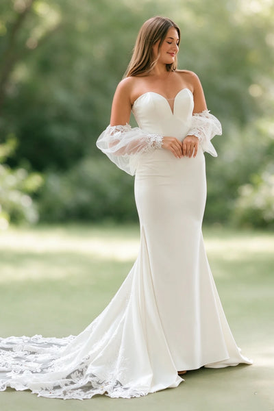 Sweetheart mermaid satin wedding dress with lace train