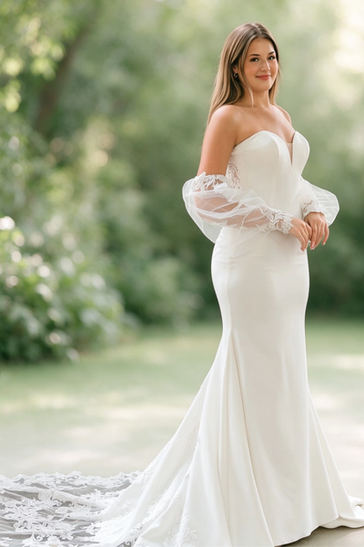 Sweetheart mermaid satin wedding dress with lace train