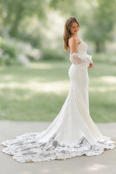 Sweetheart mermaid satin wedding dress with lace train
