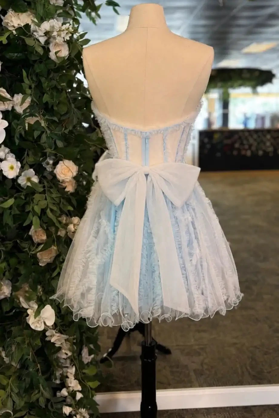Light Blue Tulle Strapless Sheer Corset Flared Homecoming Dress with Bow
