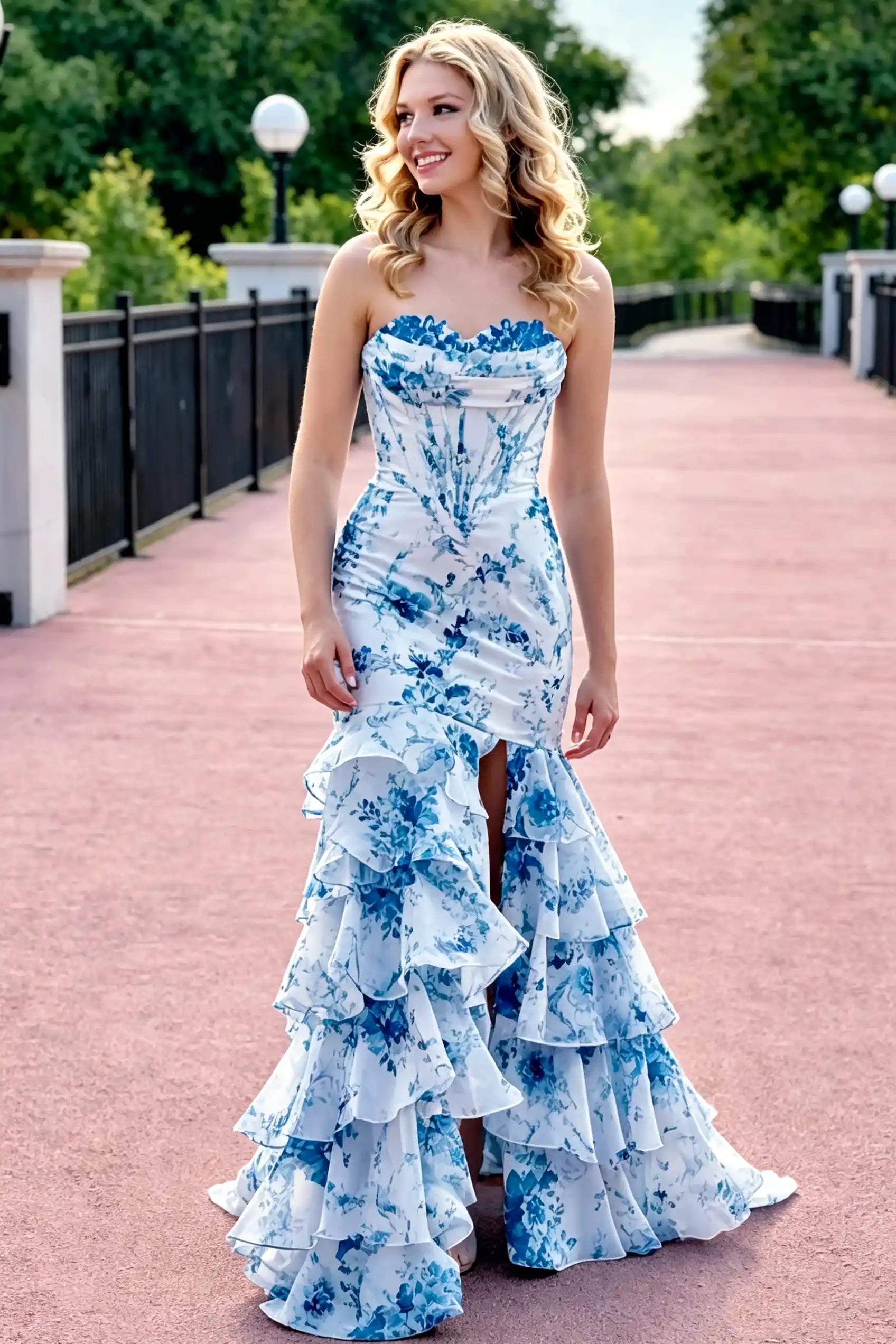 A woman stands outdoors on a pinkish-red walkway wearing a strapless formal gown with a blue and white floral print and a dramatic tiered ruffle skirt.
