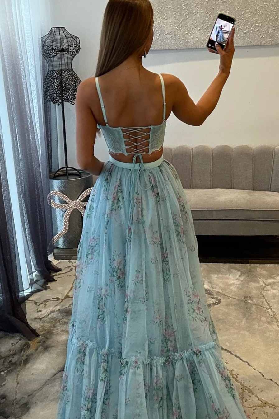 Two-Piece Lace Crop Top Tiered Tulle Maxi Prom Gown