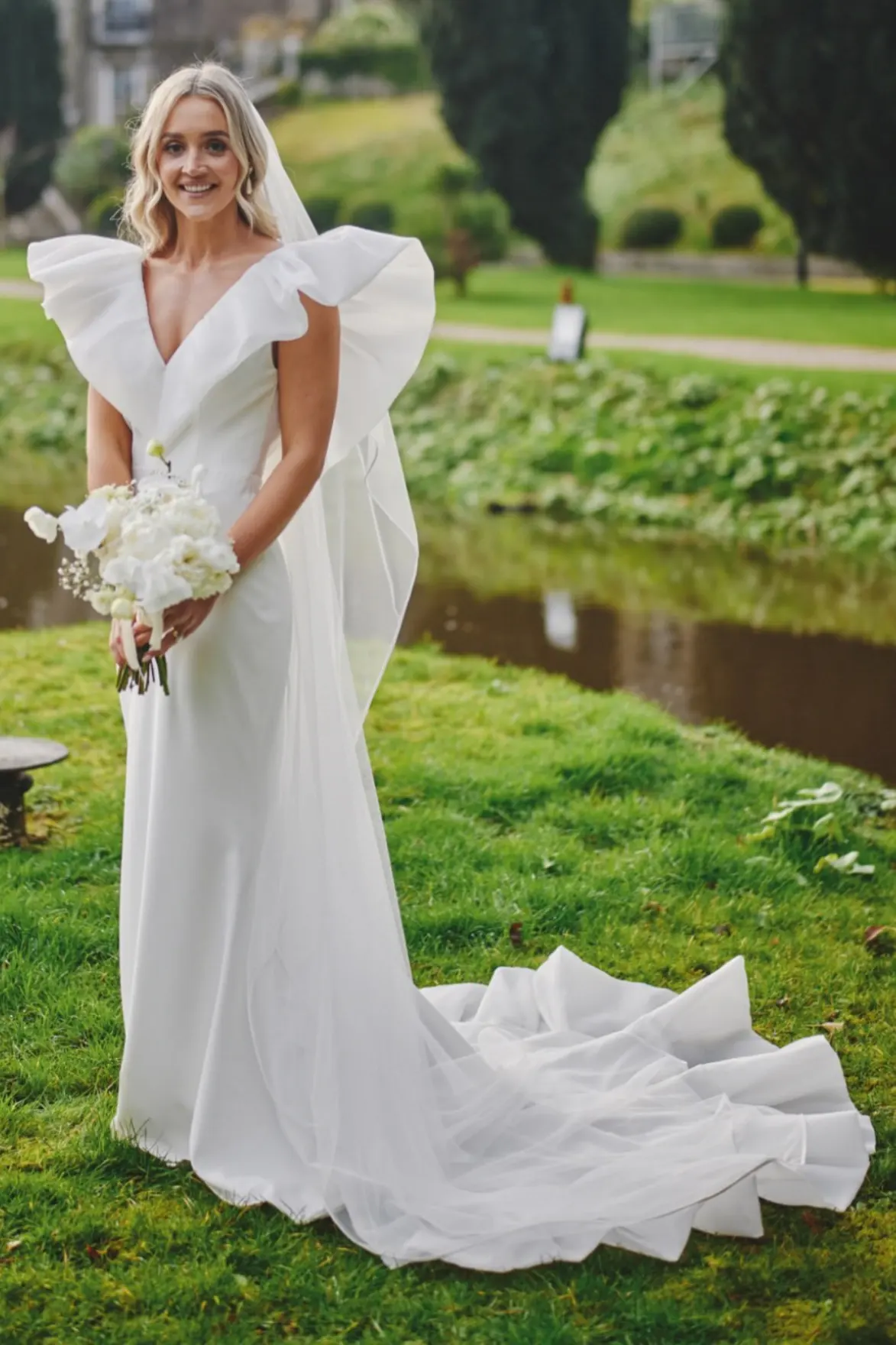 V-Neck Ruffle Sleeve Mermaid Wedding Dress with Train