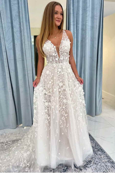 V-neck sheer tulle romantic bridal gown with train