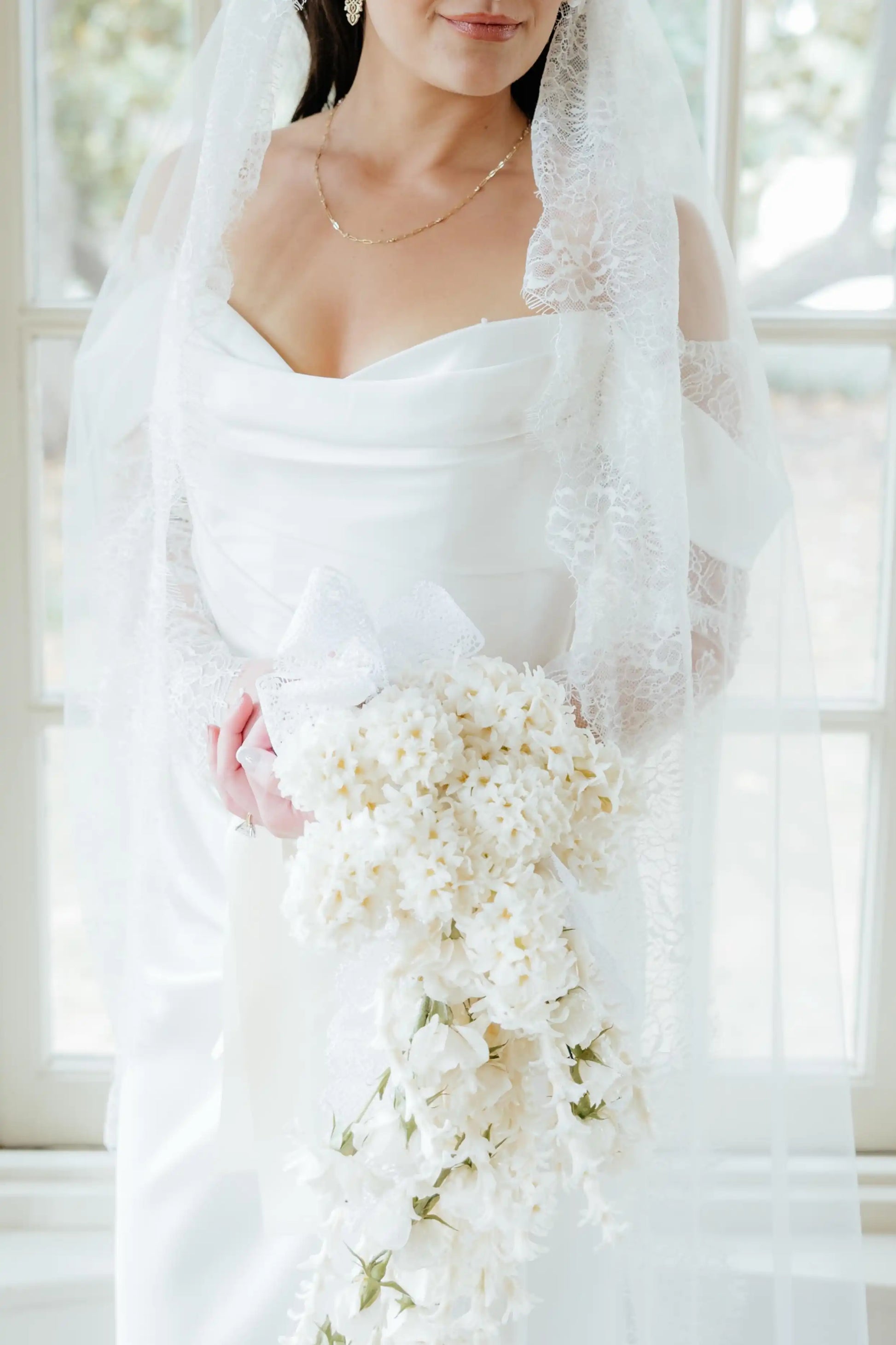 White Off Shoulder Long Lace Sleeve Draped Wedding Dress