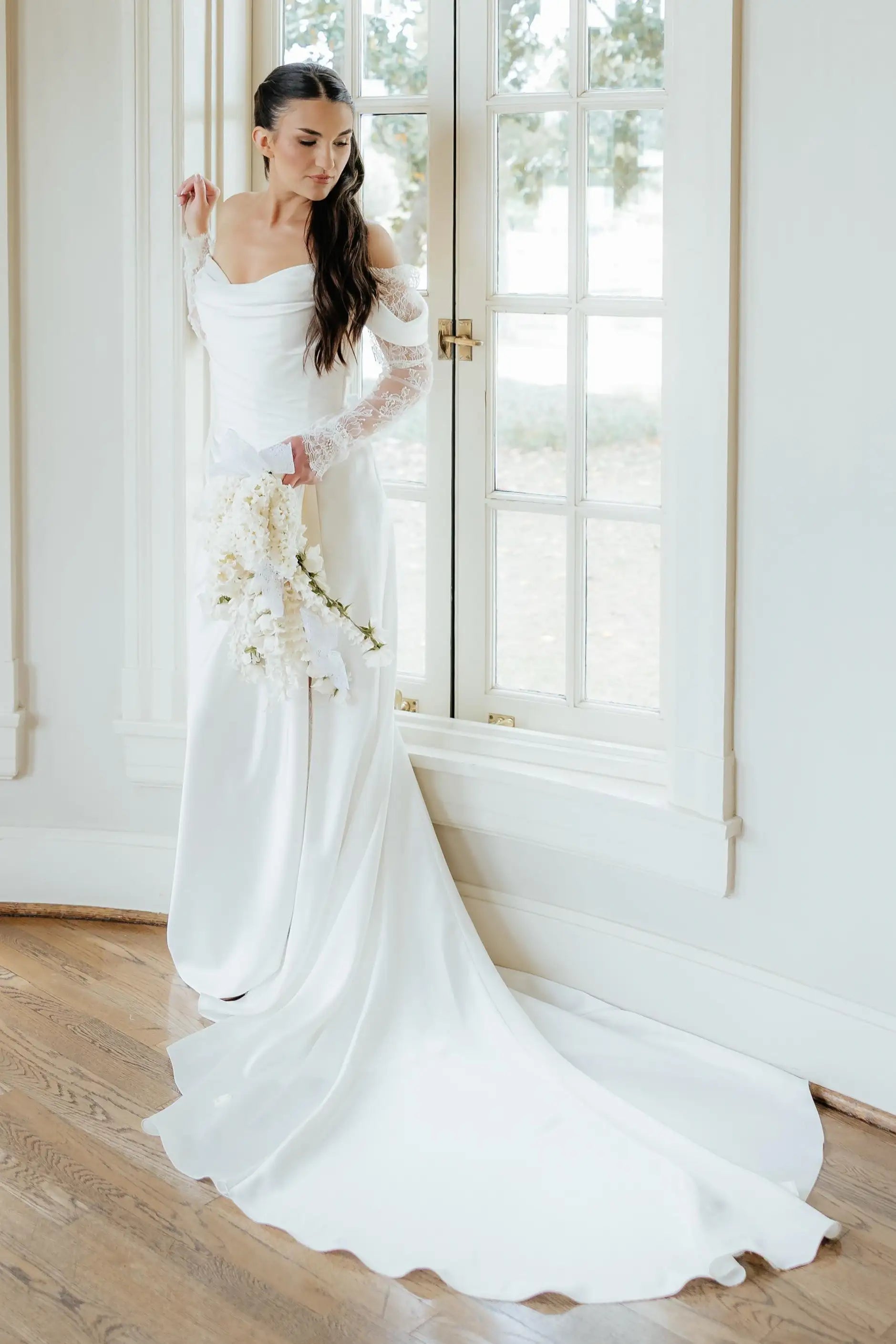White Off Shoulder Long Lace Sleeve Draped Wedding Dress