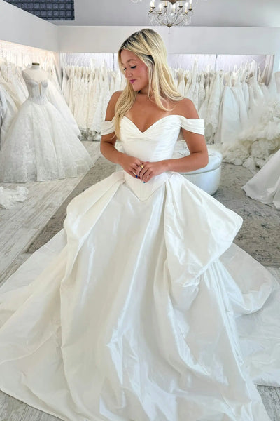 White satin off-the-shoulder corset ballgown wedding dress