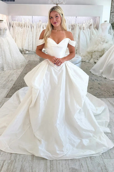 White satin off-the-shoulder corset ballgown wedding dress