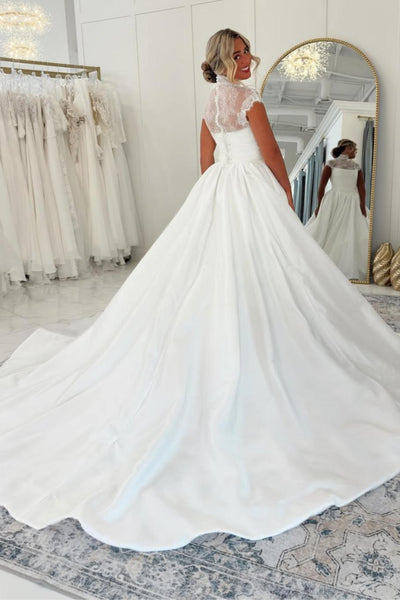 White sheer lace vintage A-line long wedding dress