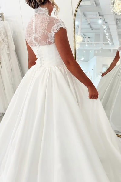 White sheer lace vintage A-line long wedding dress