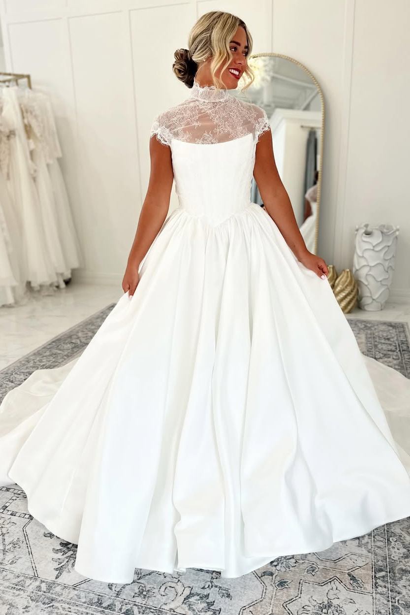 White sheer lace vintage A-line long wedding dress