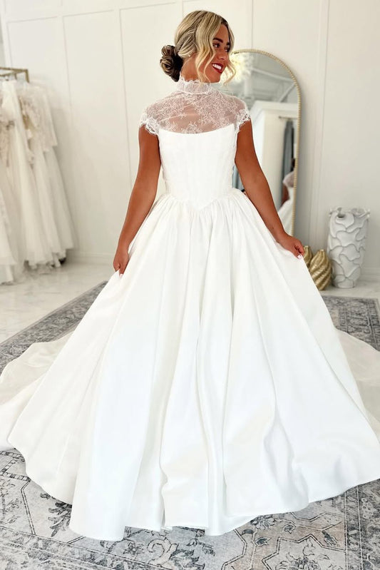 White sheer lace vintage A-line long wedding dress