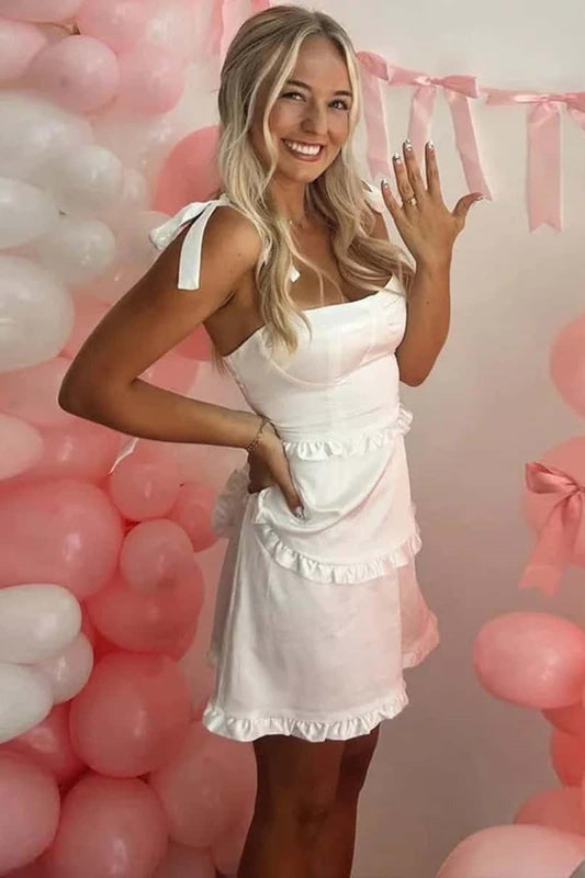 Side view of White Square Neck Thin Strap Tiered Ruffle Mini Dress