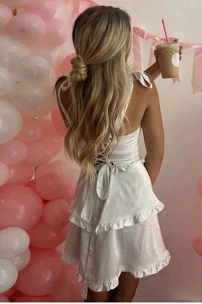 White Square Neck Thin Strap Tiered Ruffle Mini Dress