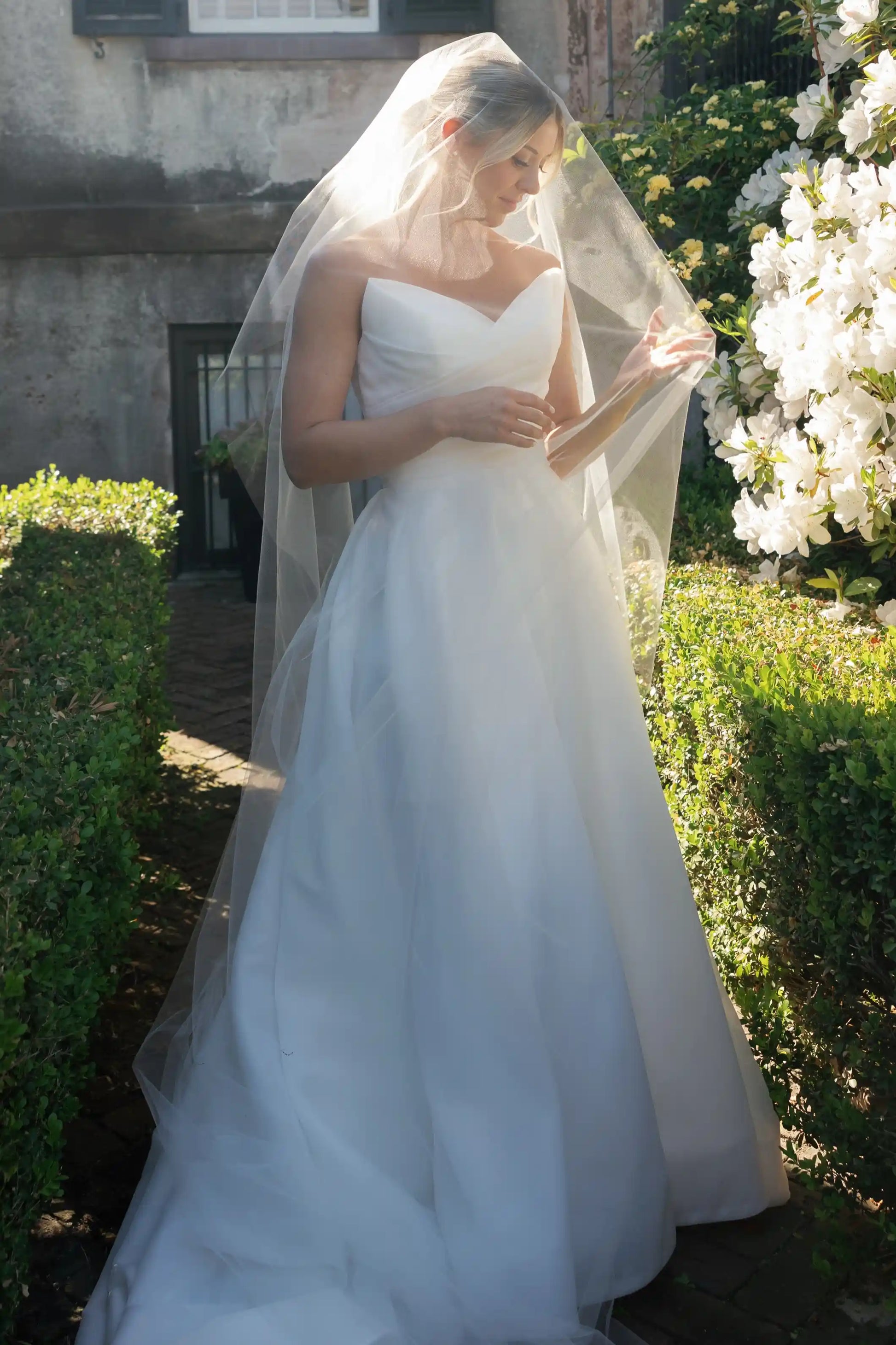 White Strapless Satin A-Line Wedding Dress With Train