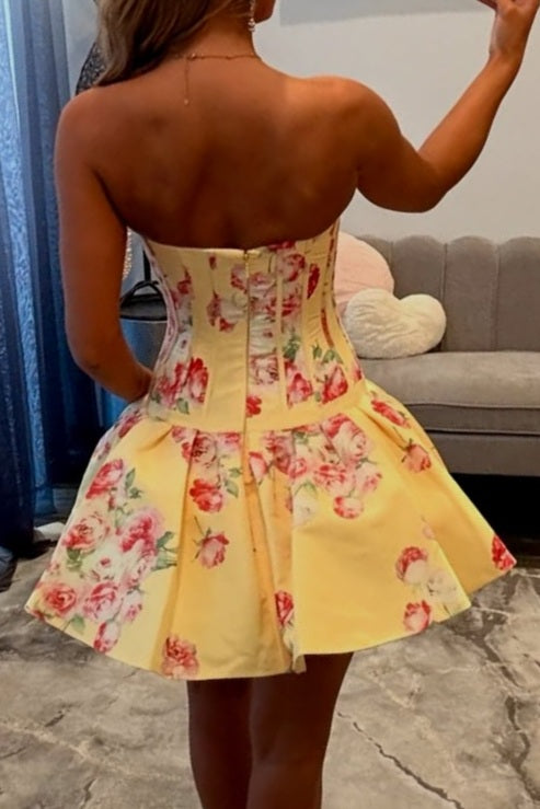 Yellow Floral Strapless Corset A Line Mini Dress