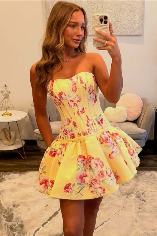 Strapless Floral Strapless Corset A Line Mini Dress