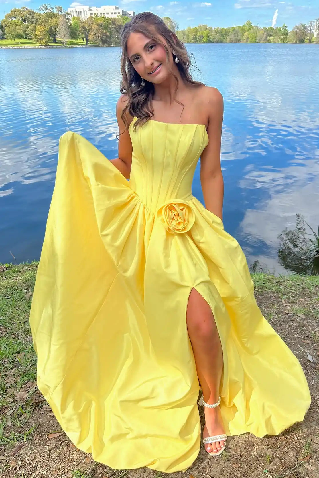 Yellow A-Line Prom Dress with 3D Rose Waist