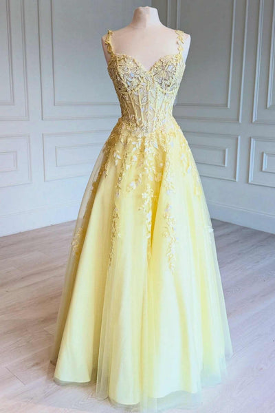 Yellow appliques tulle prom dress with lace straps
