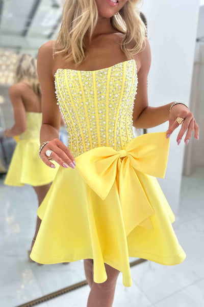 Yellow Pearl Rhinestone Strapless Corset Homecoming Dress Front Full