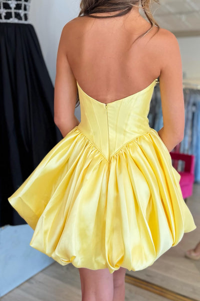 Yellow satin strapless bow corset homecoming formal dress