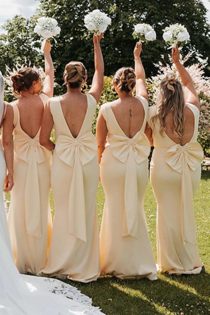 Yellow Sleeveless Open Back Bridesmaid Dress with Back Bow