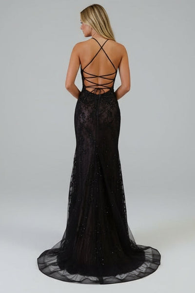 Black lace rhinestone halter prom gown with criss cross open back