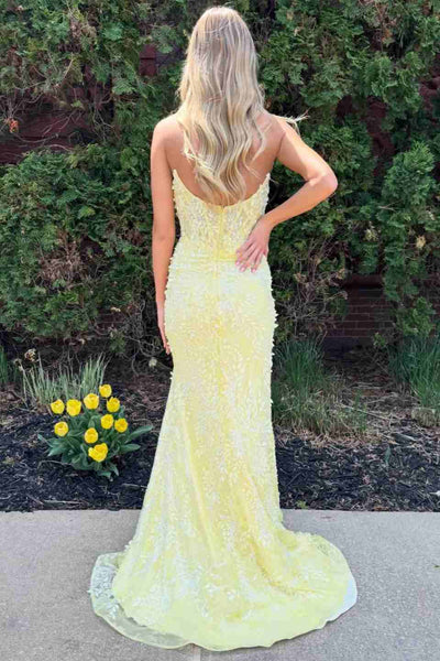 Sparkly yellow mermaid slit prom dress with all-over shimmer finish